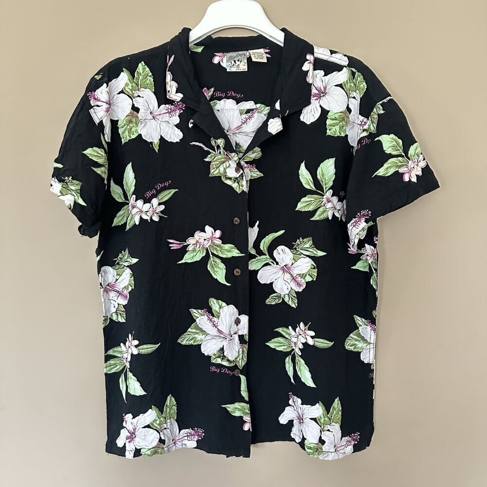 Big Dogs Hawaiian Button Shirt Men XL Black Floral Collar Beach Resort Habiscus